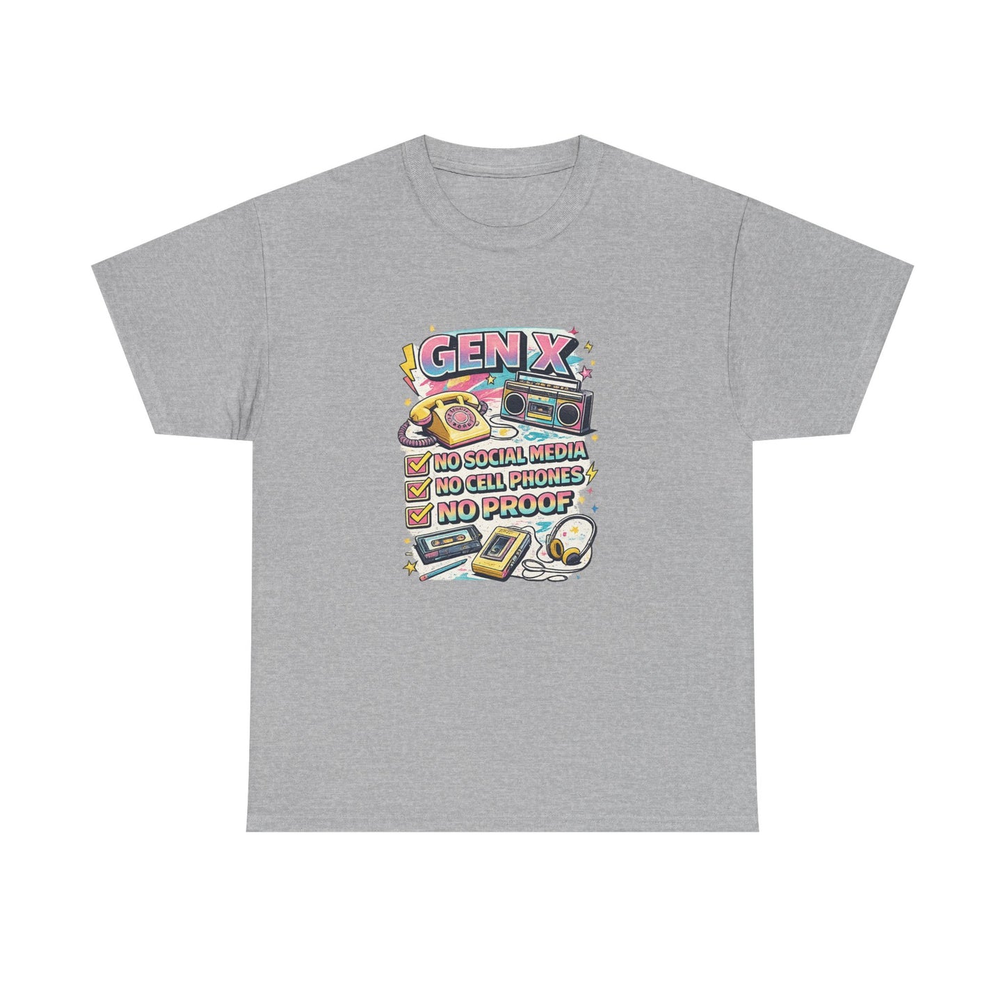 Gen X Retro Checklist T-Shirt — "Gen X: No Social Media, No Cell Phones, No Proof" Vintage Tech Tee