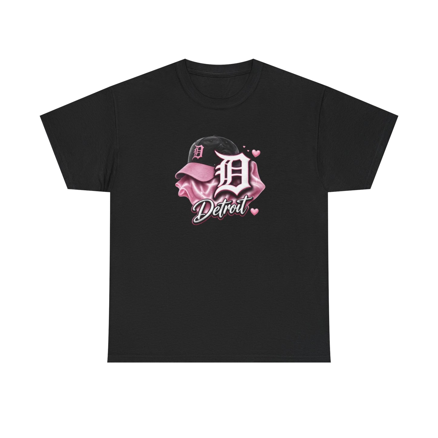 Detroit D Cap Tee — Pink Script Detroit Graphic T-Shirt
