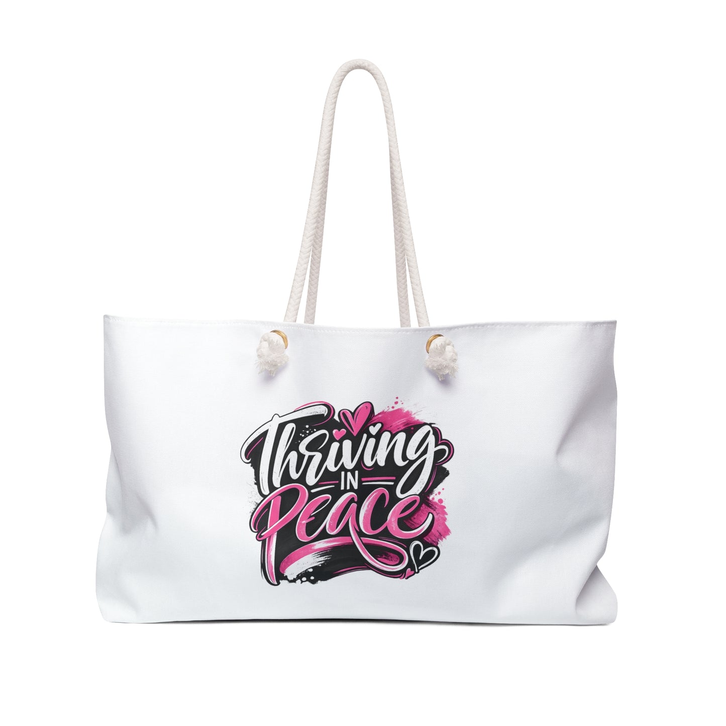 Copy of Thriving in Peace Weekender Bag – Pink Brush Script Travel Tote