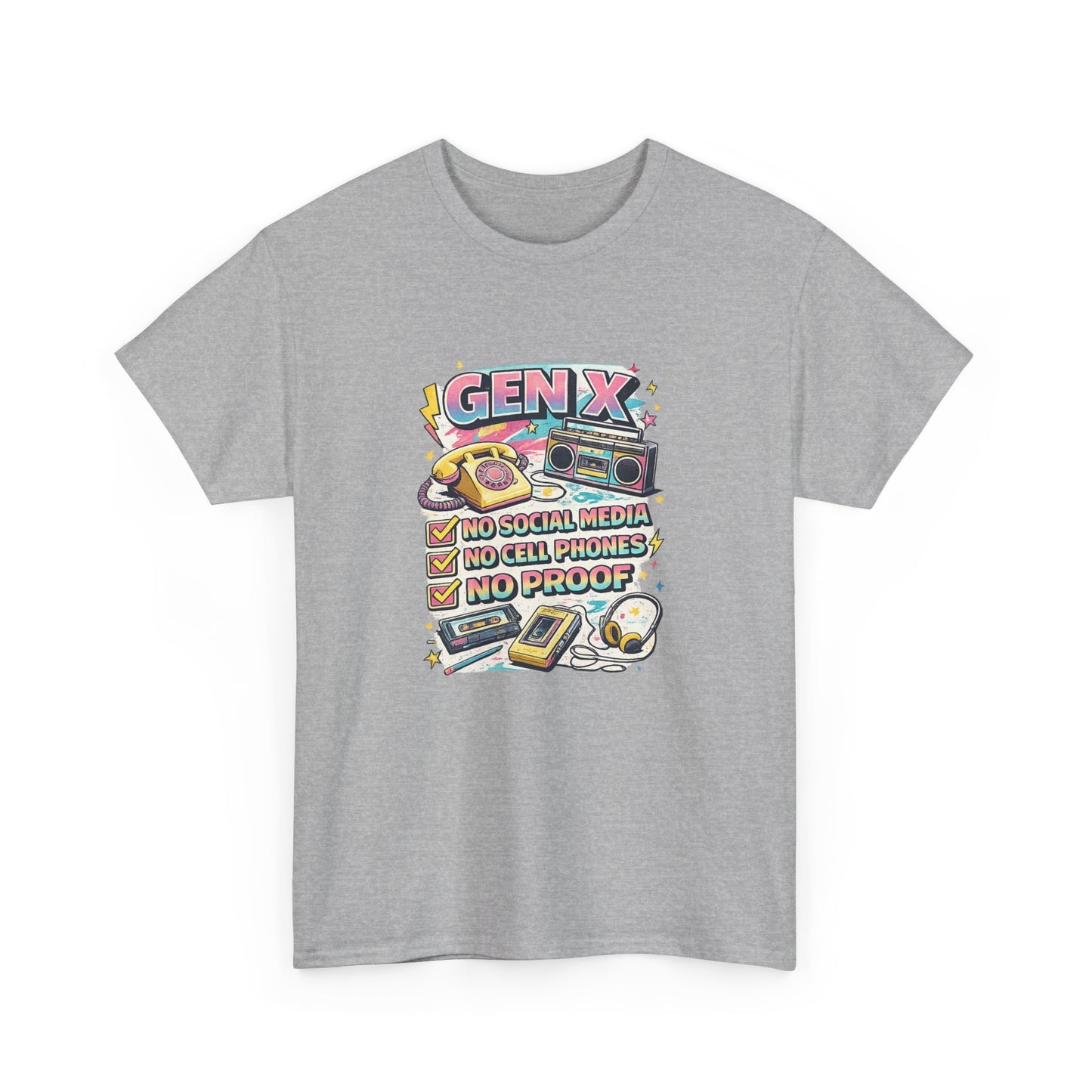 Gen X Retro Checklist T-Shirt — "Gen X: No Social Media, No Cell Phones, No Proof" Vintage Tech Tee