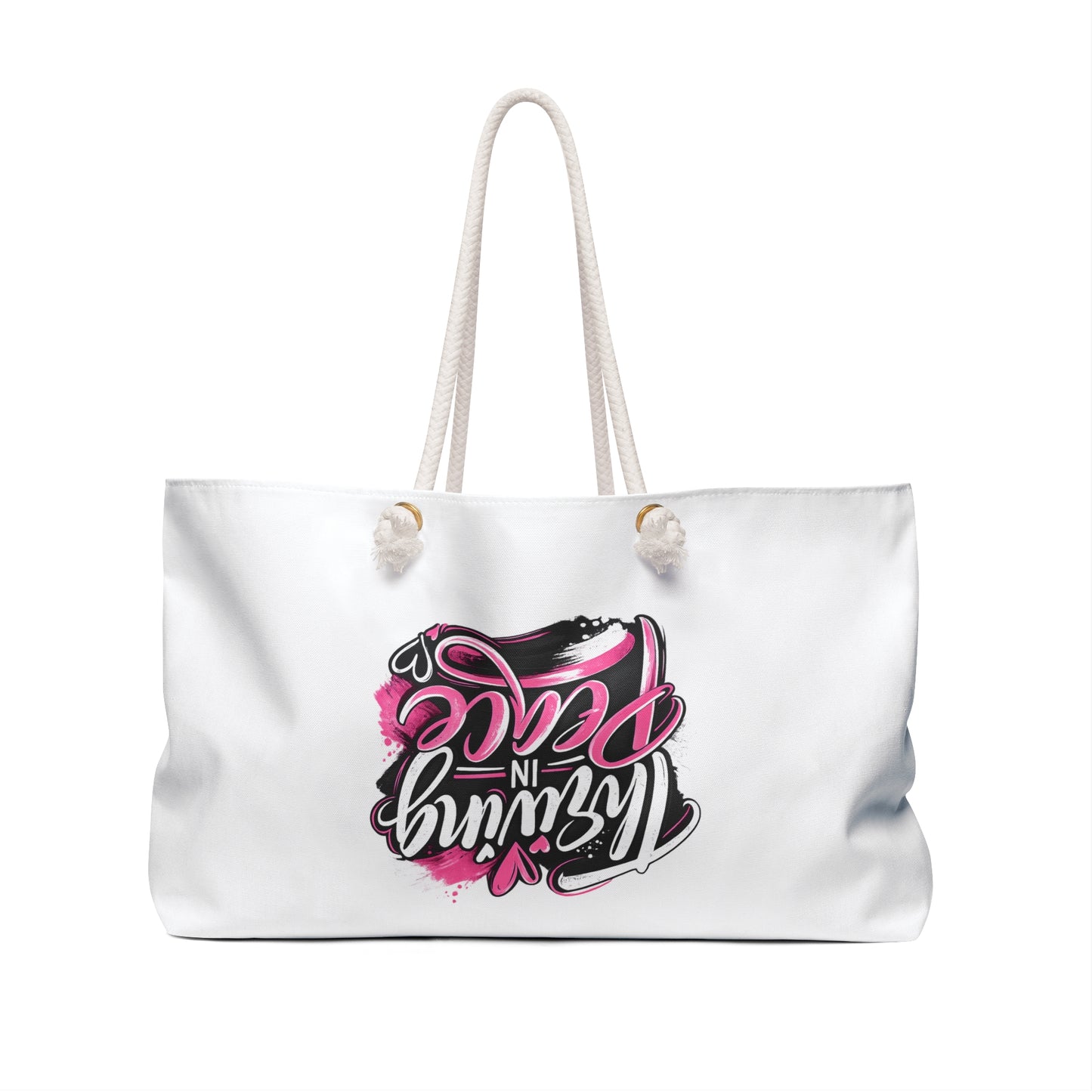 Copy of Thriving in Peace Weekender Bag – Pink Brush Script Travel Tote