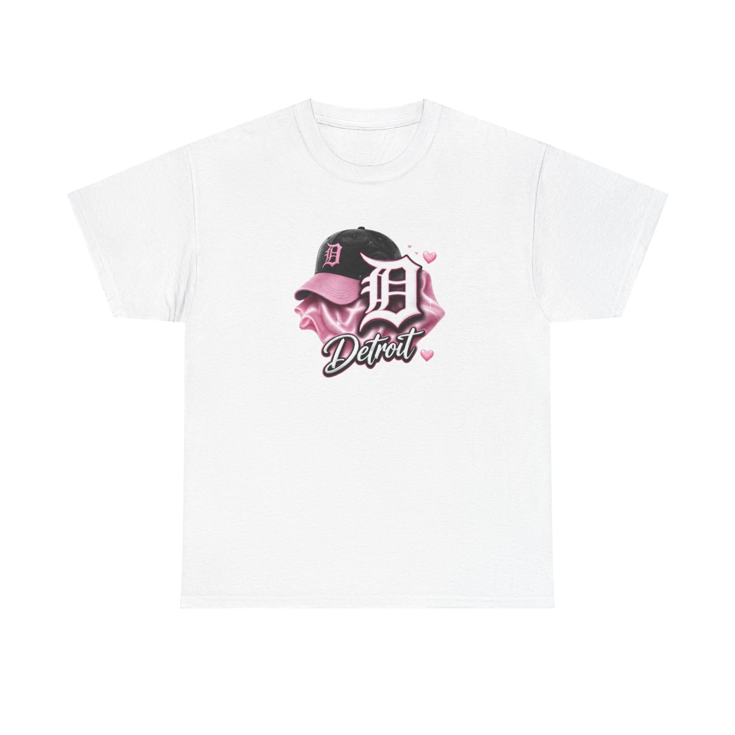 Detroit D Cap Tee — Pink Script Detroit Graphic T-Shirt