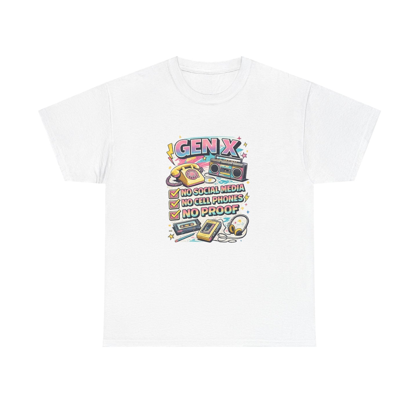 Gen X Retro Checklist T-Shirt — "Gen X: No Social Media, No Cell Phones, No Proof" Vintage Tech Tee