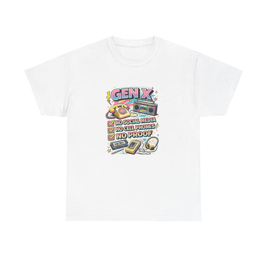 Gen X Retro Checklist T-Shirt — "Gen X: No Social Media, No Cell Phones, No Proof" Vintage Tech Tee