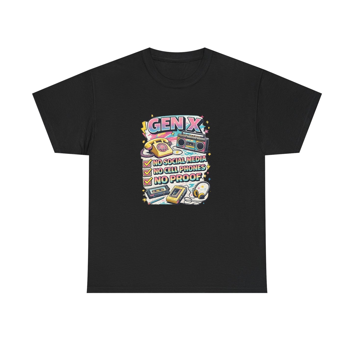 Gen X Retro Checklist T-Shirt — "Gen X: No Social Media, No Cell Phones, No Proof" Vintage Tech Tee