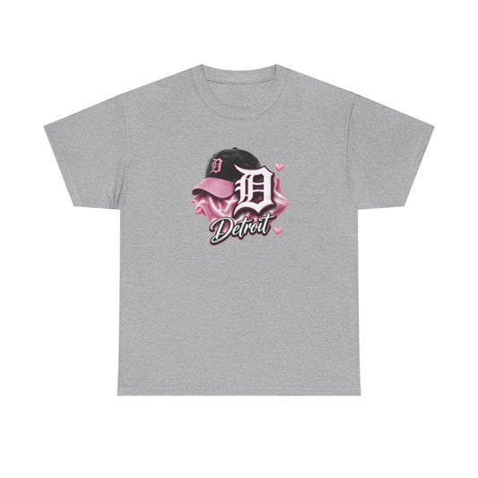 Detroit D Cap Tee — Pink Script Detroit Graphic T-Shirt