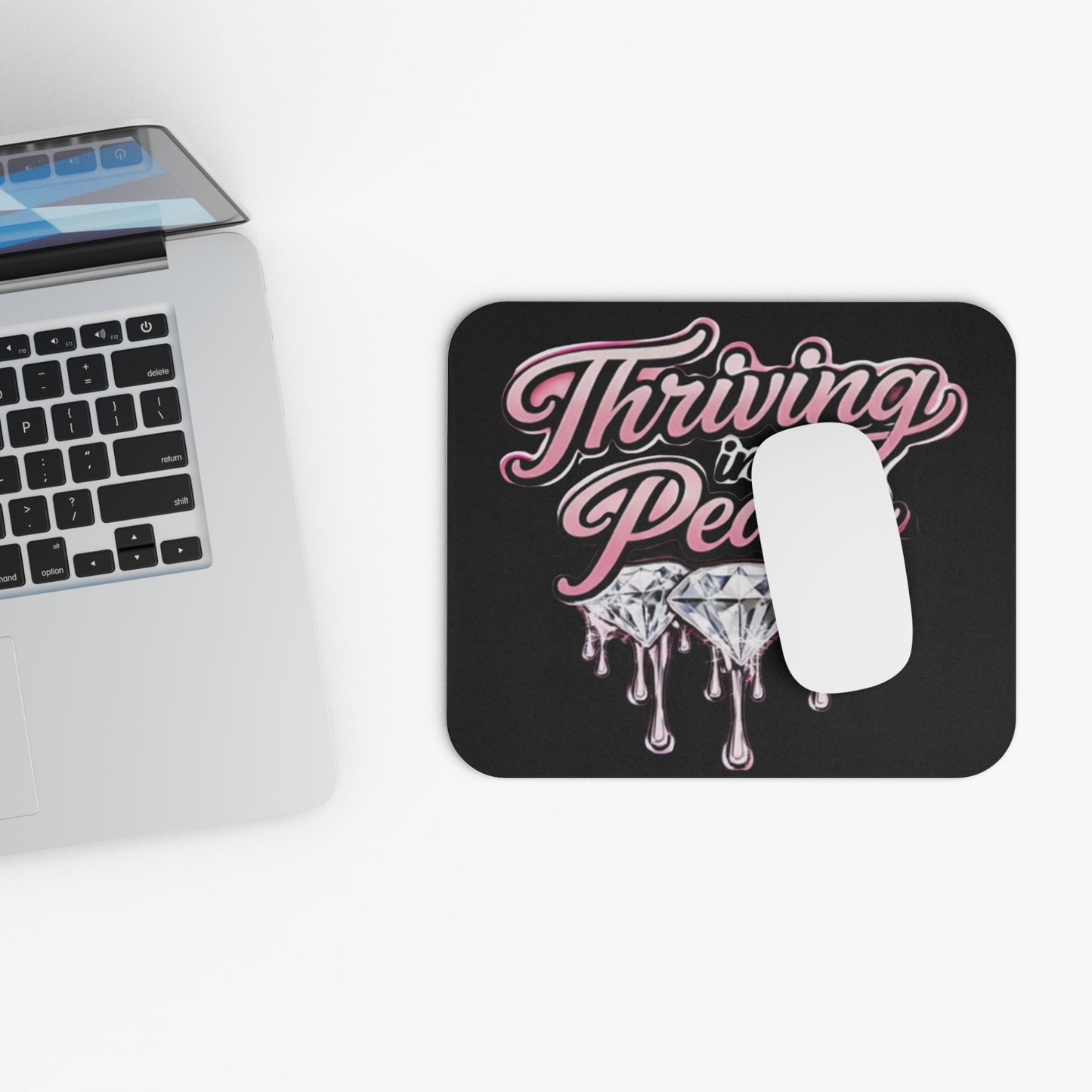 Thriving in Peace Diamond Graphic Mouse Pad — Pink Script Desk Mat