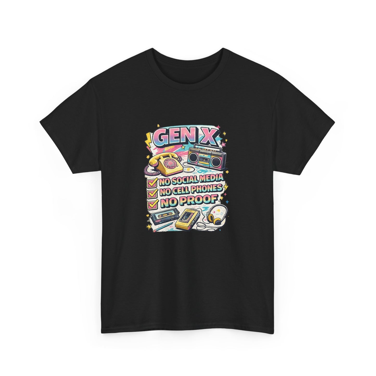 Gen X Retro Checklist T-Shirt — "Gen X: No Social Media, No Cell Phones, No Proof" Vintage Tech Tee